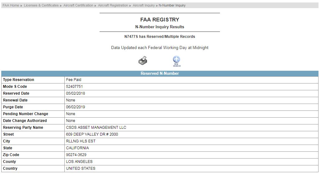 FAA registration showing N7477S